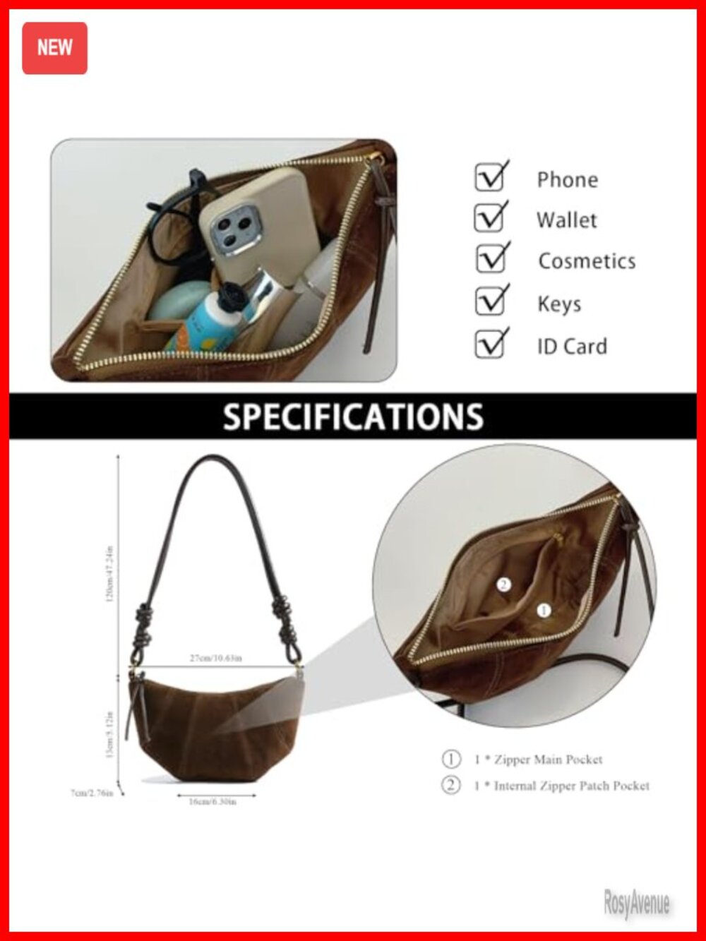 Faux Suede Crescent Crossbody Bag with Adjustable Strap - Mini Handbag - Picture 3 of 6